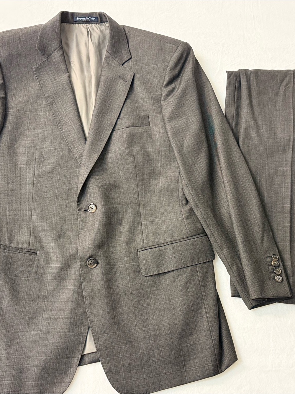 Simpson Sin Tailor Custom Men’s 2 Piece Suit Grey Plaid Loro Piana Merino Wool
